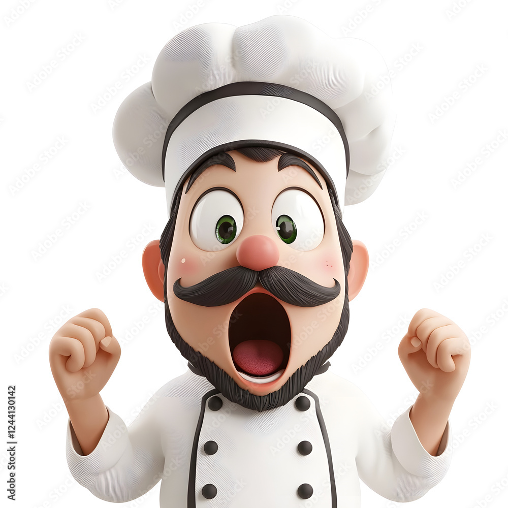 Animated 3D Cartoon Chef with Surprised Shocked Facial Expression Cooking on Plain White Background