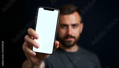Hombre sosteniendo un teléfono móvil en su mano derecha. Primer plano del móvil con la pantalla en blanco. Fondo oscuro y desenfocado
