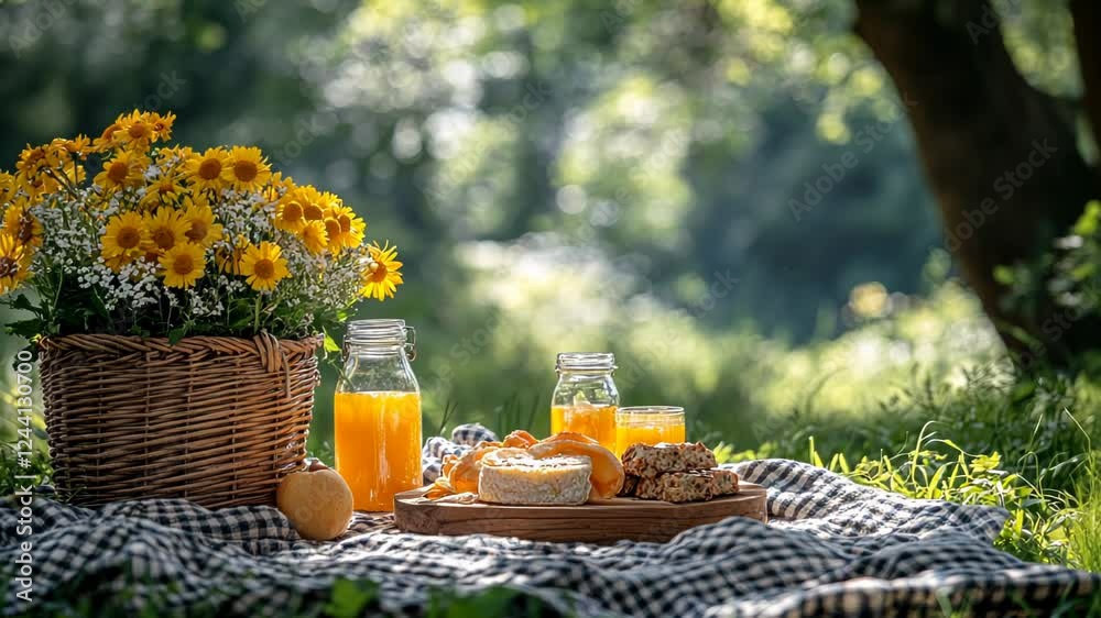 Sunny picnic scene with flowers, juice, and snacks in a lush park Sunny picnic scene with flowers, juice, and snacks in a lush park