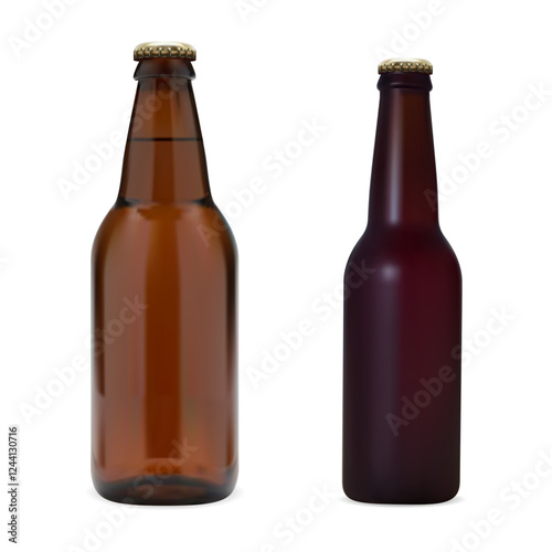 Brown glass beer bottle set, vector mockup template. Pub lager amber blank isolated illustration for label design. Craft ale brew packaging, no brand and logo on white background