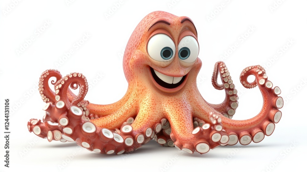 Naklejka premium Cute Cartoon Octopus Character with Big Eyes and Happy Expression