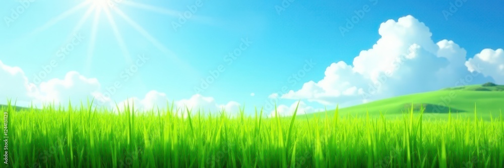 Close-up lush green grass, contrasting azure sky, spacious blank area , green, meadow Close-up lush green grass, contrasting azure sky, spacious blank area , green, meadow