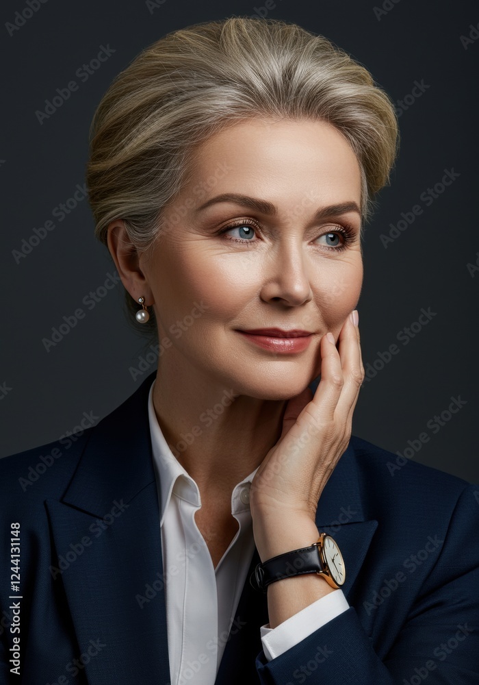 Confident senior woman in formal business attire with elegant smile and classic watch Confident senior woman in formal business attire with elegant smile and classic watch