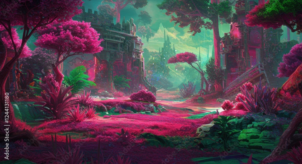 Fototapeta premium Vibrant fantasy landscape with lush pink foliage and ancient ruins