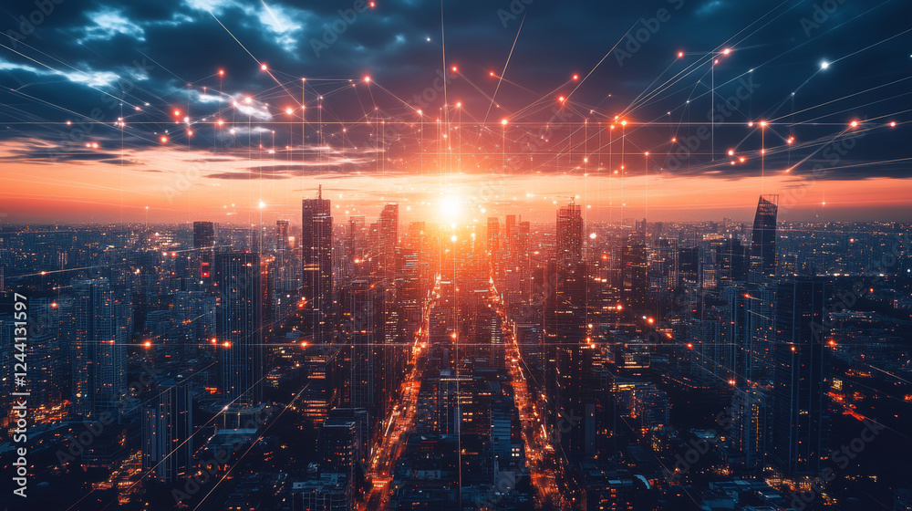 Fototapeta premium concept of smart or digital city, wireframe cityscape in futuristic style