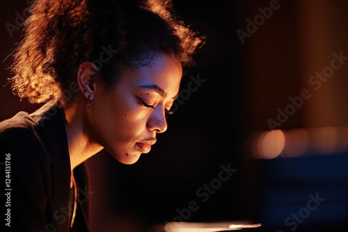 portrait of expressive jazz musician in mid-performance on dimly lit stage gazing intently at their instrument with