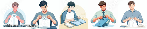 vector set of young people folding clothes