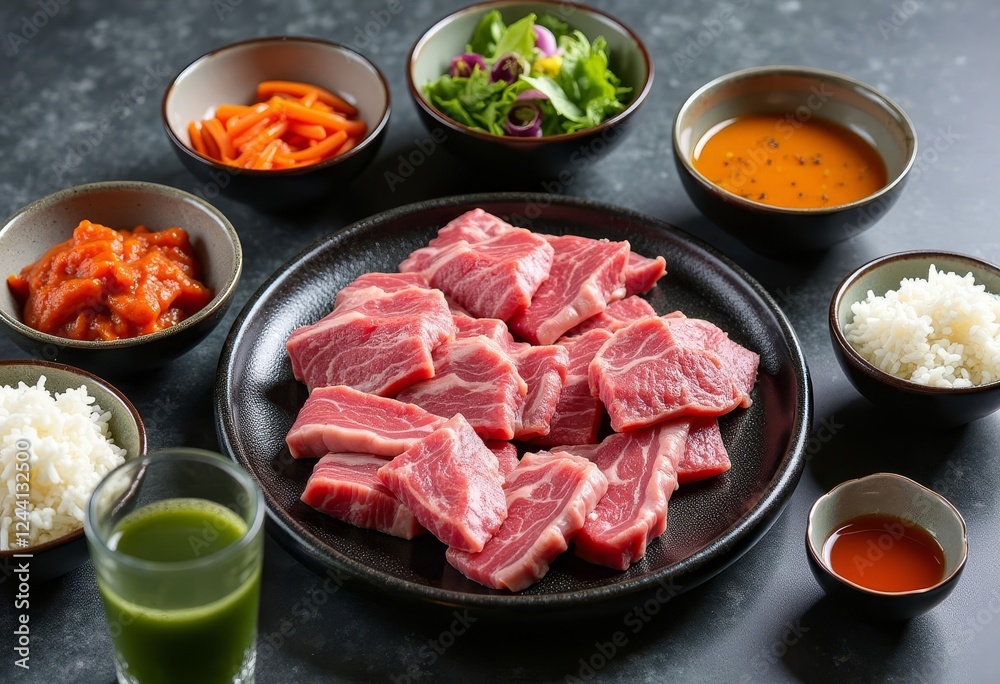 Korean BBQ ready to cook, featuring fresh raw beef and varied side dishes Korean BBQ ready to cook, featuring fresh raw beef and varied side dishes