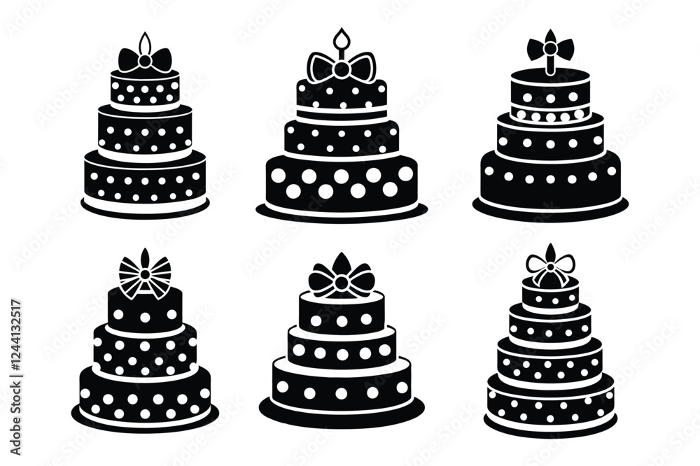 Black and White Vector Birthday Cakes with Decorative Bows. Symbol of the holiday, birthday and festive, Birthday Cake set, Simple Vector Illustration Black and White Vector Birthday Cakes with Decorative Bows. Symbol of the holiday, birthday and festive, Birthday Cake set, Simple Vector Illustration