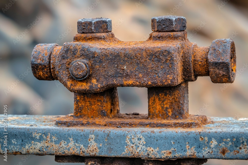 Rusty Metal Fixture With Multiple Bolts Attached To A Rail Rusty Metal Fixture With Multiple Bolts Attached To A Rail