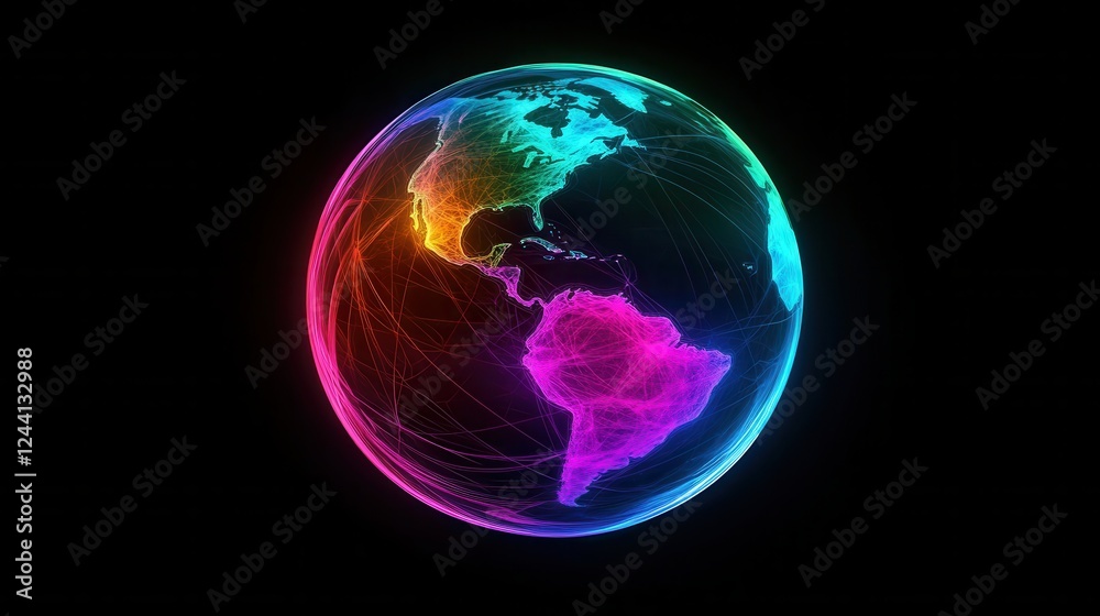 Obraz premium Colorful Global Network Visualization with Bright Lines and Earth