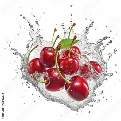 Fresh cherries splashing in water for refreshing fruit and beverage designs