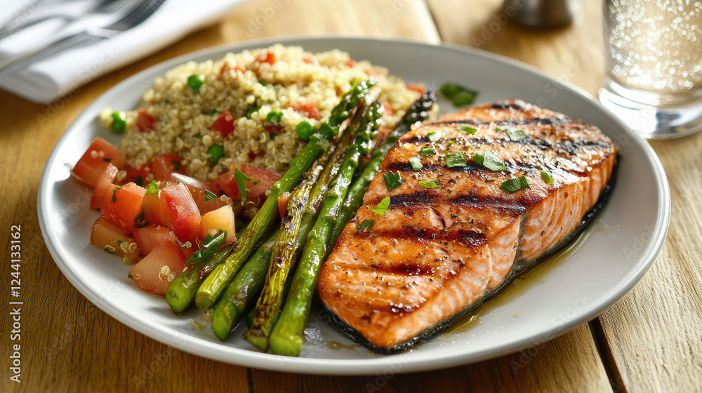 Grilled salmon dinner with asparagus, quinoa, and tomato salad Grilled salmon dinner with asparagus, quinoa, and tomato salad
