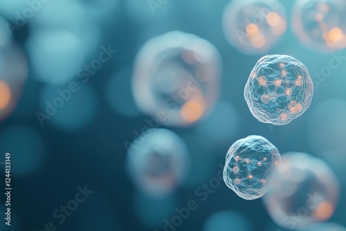 3d-rendered microscopic scene showcasing artificial stem cells dividing in futuristic sterile laboratory environment photo