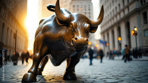 Iconic wall street bull sculpture symbolizing financial strength with copy space photo