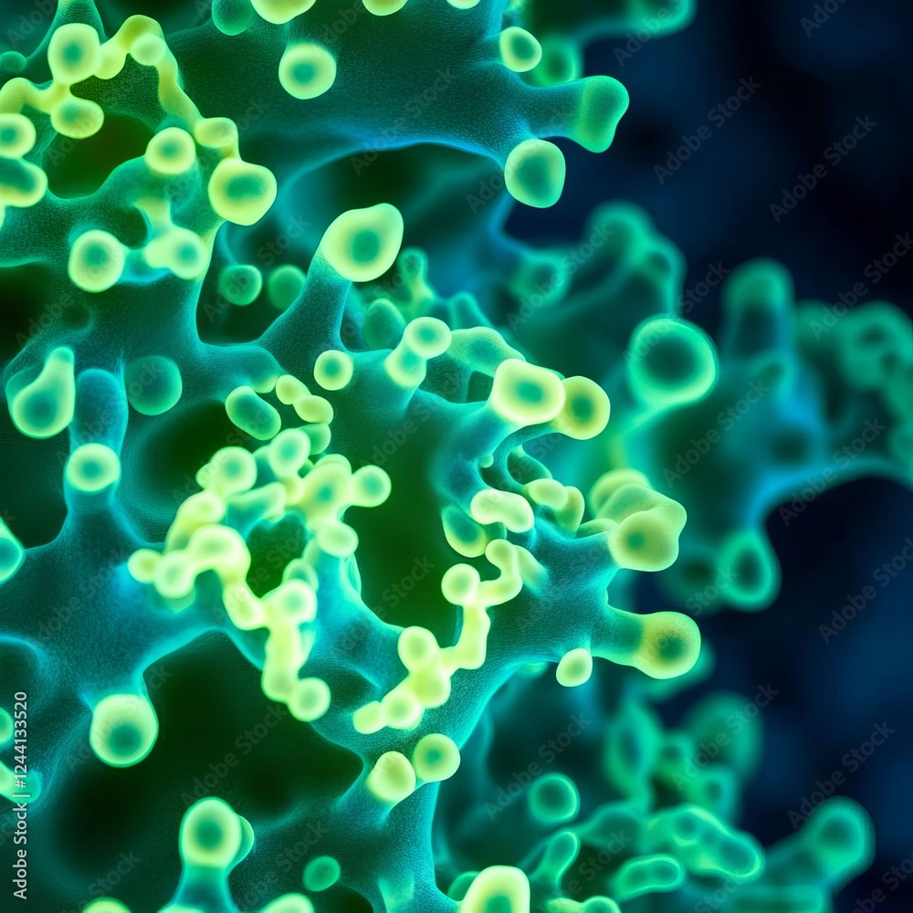 Abstract fluorescent biofilm patterns glowing in vivid green and yellow, close-up microbiology focus Abstract fluorescent biofilm patterns glowing in vivid green and yellow, close-up microbiology focus