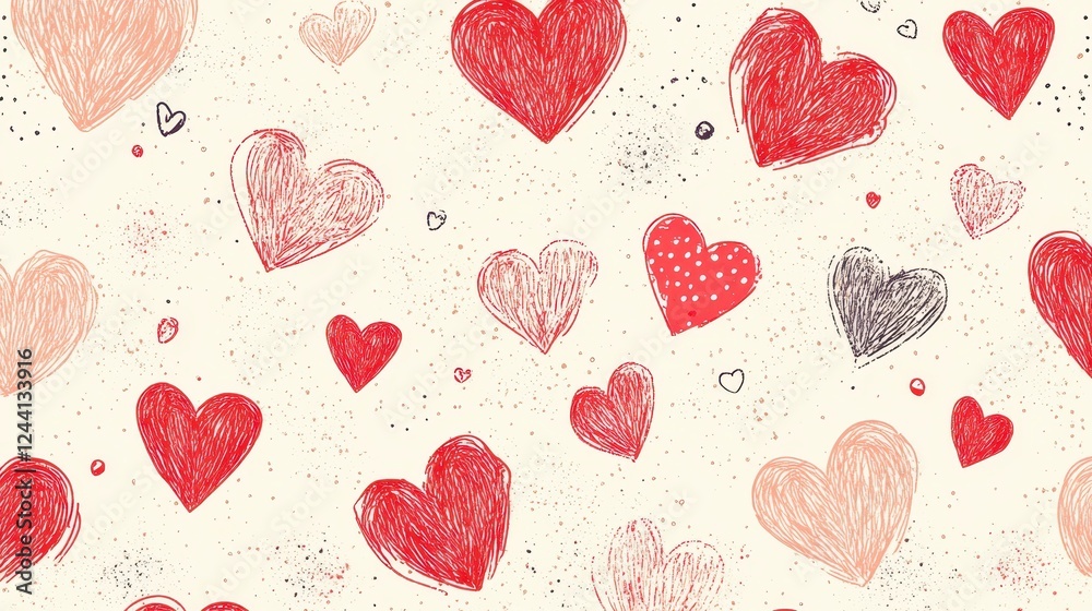 Romantic seamless pattern featuring hand drawn hearts scattered in soft red and pink hues. Generating warm, affectionate visual texture ideal for love themed graphic designs and valentine's projects Romantic seamless pattern featuring hand drawn hearts scattered in soft red and pink hues. Generating warm, affectionate visual texture ideal for love themed graphic designs and valentine's projects