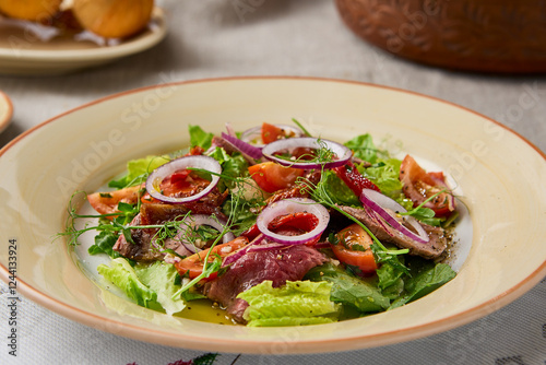 Vibrant Roast Beef and Tomato Salad A Culinary Art in Natural Light photo