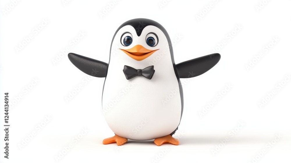 Fototapeta premium Cute Cartoon Penguin with Bowtie and Joyful Expression in Studio