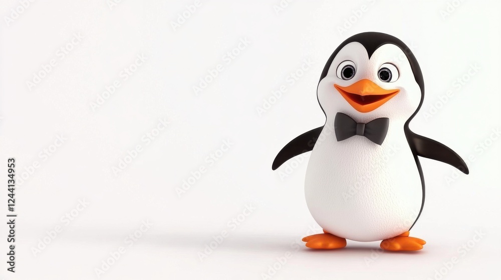 Fototapeta premium Cute Cartoon Penguin with Bowtie Smiling Against White Background