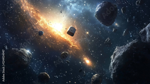 Fototapeta Naklejka Na Ścianę i Meble -  Ui level map for galaxy space game vector cartoon. Fantasy background with rocket to play mobile videogame. Online cosmos adventure on spaceship flying to asteroid system for cosmic app interface.