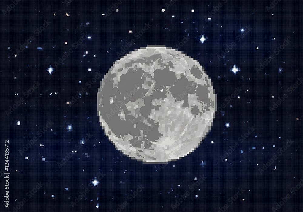 Fototapeta premium Pixel moon space galaxy, retro 8bit cosmos art, vintage universe star design, arcade planet night gaming