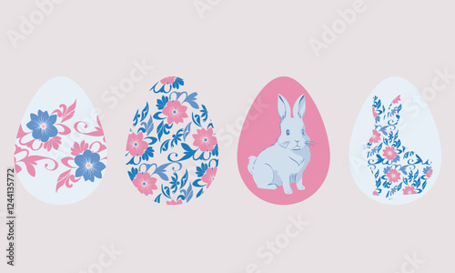 Set of isolated easter eggs flat design with decoration patterns, floral ornament and rabbit vector illustration in pink and blue colors
