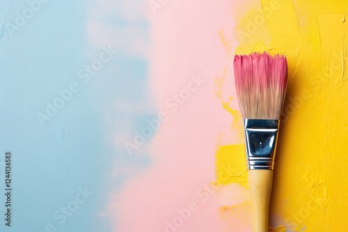 Paint brush with pink bristles on creative tricolor background with blue pink and yellow colors. Art supplies for Children's Day, Easter, Spring Festival and craft workshops. Copy space for text photo