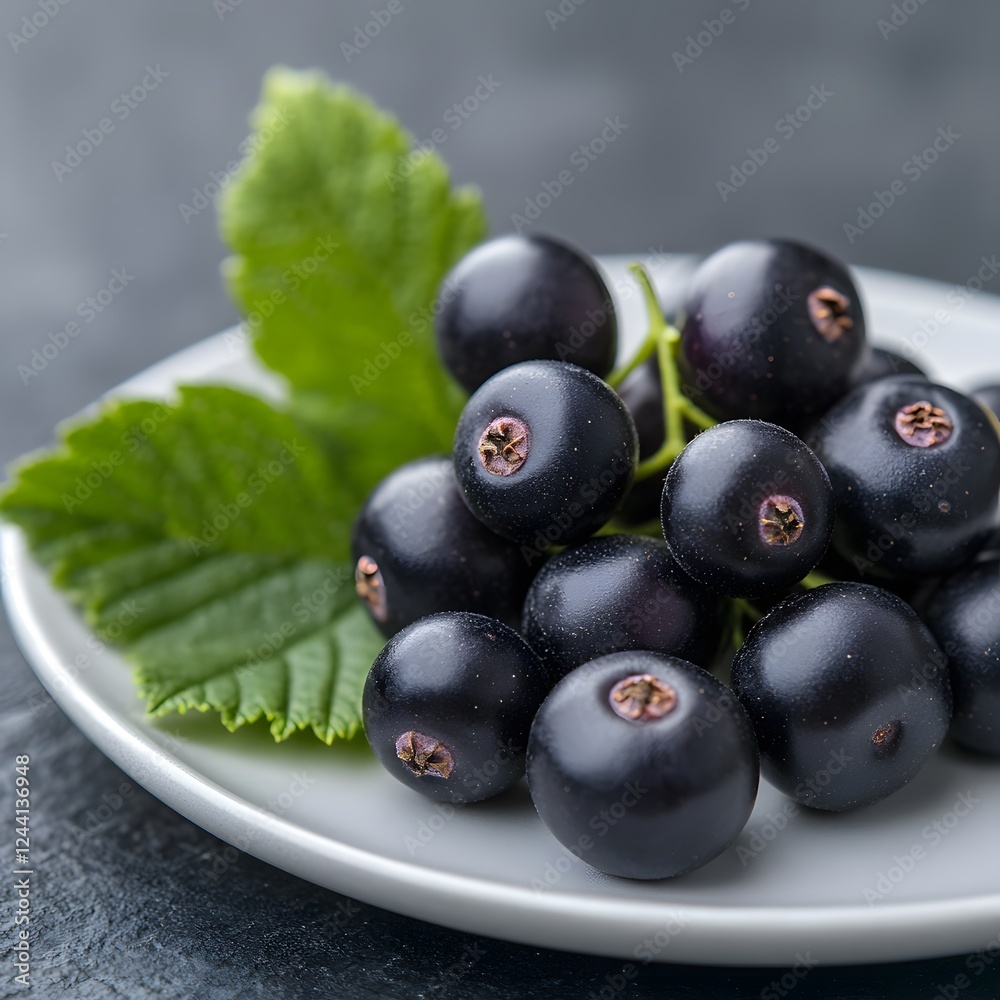Fresh blackcurrants on plate, leaves, dark background, food photography