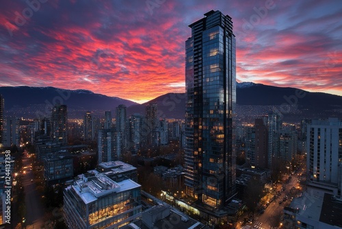 Cityscape at Sunset Skyscraper and Mountain View