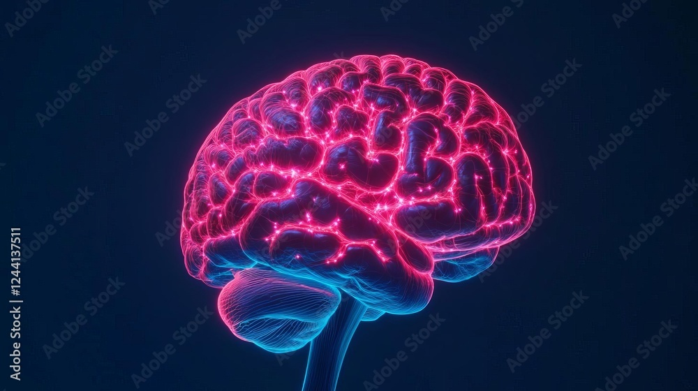 Brain synapse activity glowing in vibrant pink and blue, detailed neurobiology visualization Brain synapse activity glowing in vibrant pink and blue, detailed neurobiology visualization