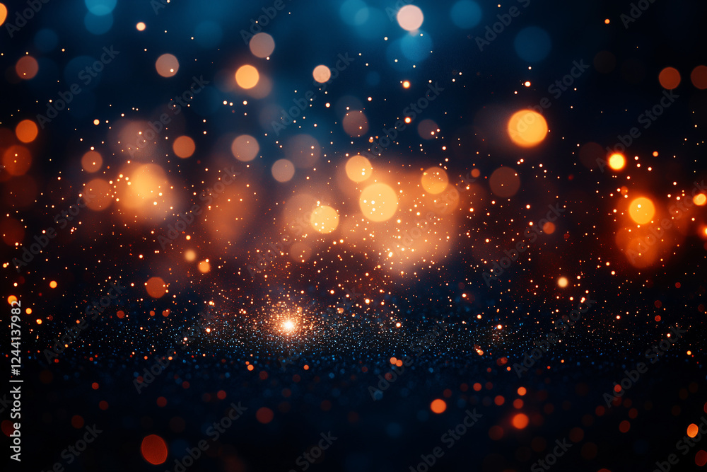 Obraz premium Cosmic Dust: A captivating abstract backdrop with a mesmerizing blend of warm gold and cool blue bokeh lights, evoking a sense of mystery and celestial wonder.