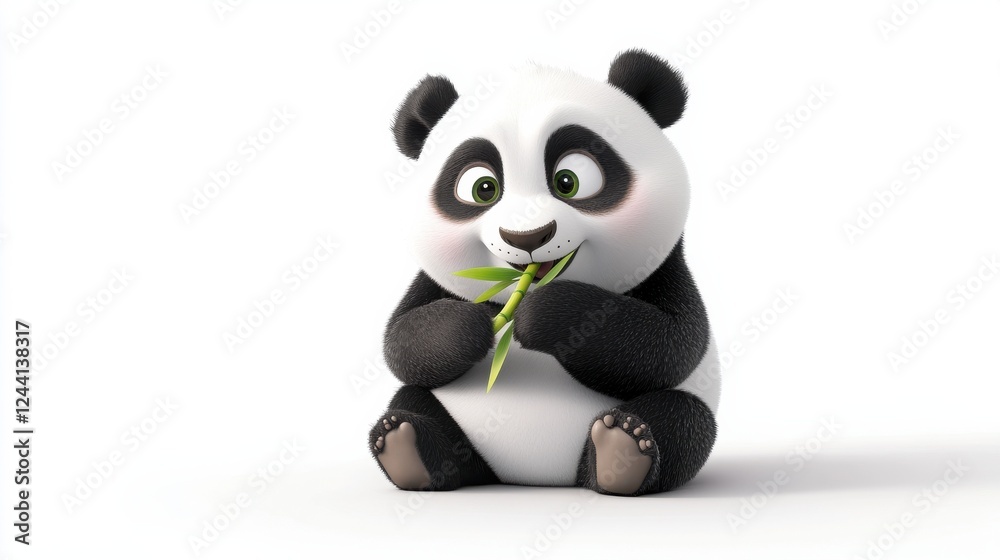 Obraz premium Cute cartoon panda character happily eating bamboo plant snack