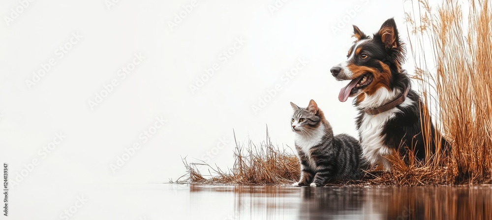 Obraz premium Happy cat and dog sitting together by a tranquil lake surrounded by tall grass, showcasing friendship and companionship in nature