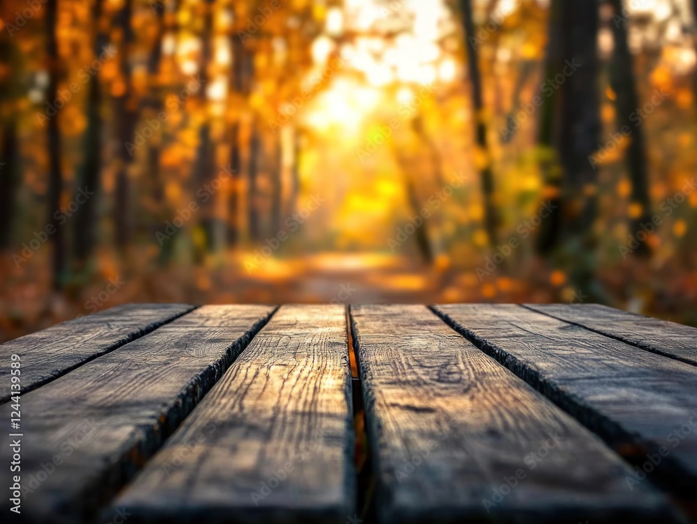Fototapeta premium Empty wooden picnic table in autumn forest.