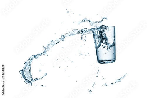 Blue cold water glass splash on white background, studio shot