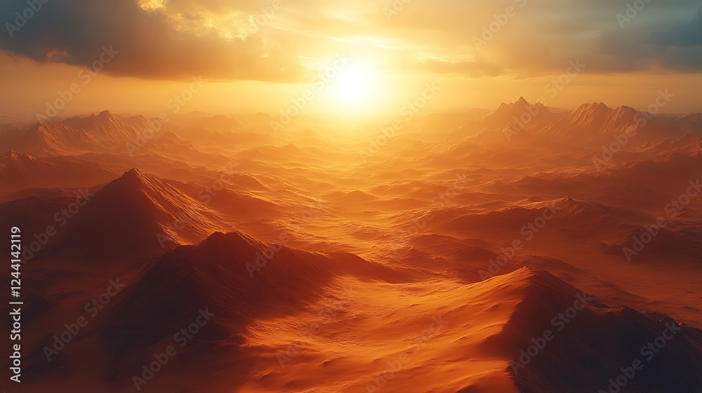 Naklejka premium Sunset Over Martian Mountains A Fiery Landscape