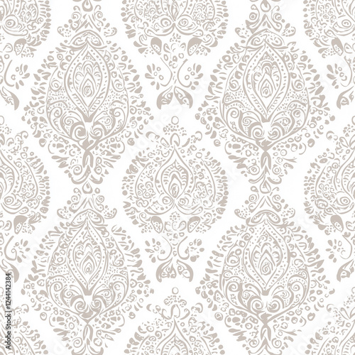 Elegant paisley ornamental textile motifs in modern persian mughal seamless pattern design for luxurious styling