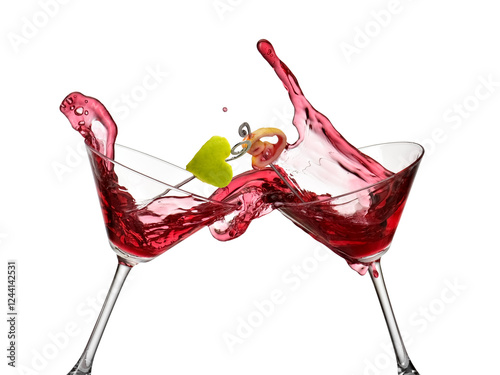 Two red Valentine martini cocktails splash on white background, studio shot photo