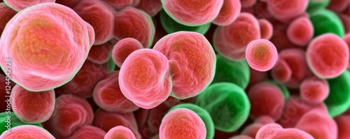 Fluorescent-stained yeast cells glowing in neon pink and green, detailed microbiological art