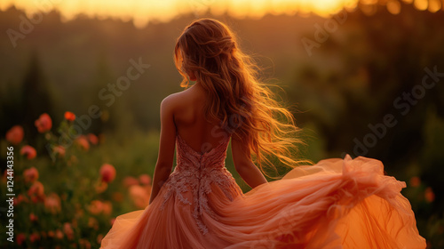 Wallpaper Mural Woman in elegant gown posing gracefully in a garden at sunset Torontodigital.ca