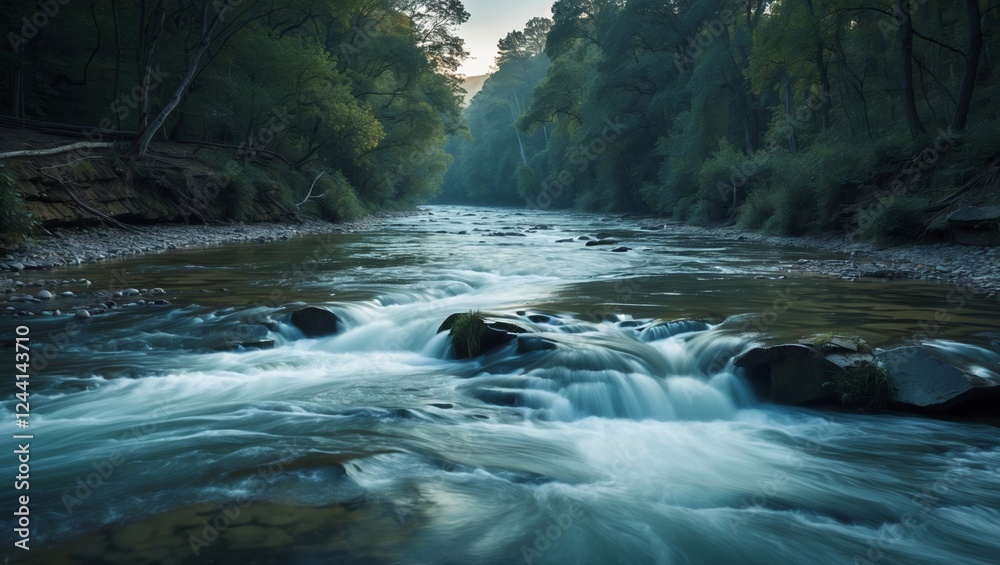 Flowing river in a tranquil forest setting during the early morning light inspiring calmness and connection with nature Flowing river in a tranquil forest setting during the early morning light inspiring calmness and connection with nature