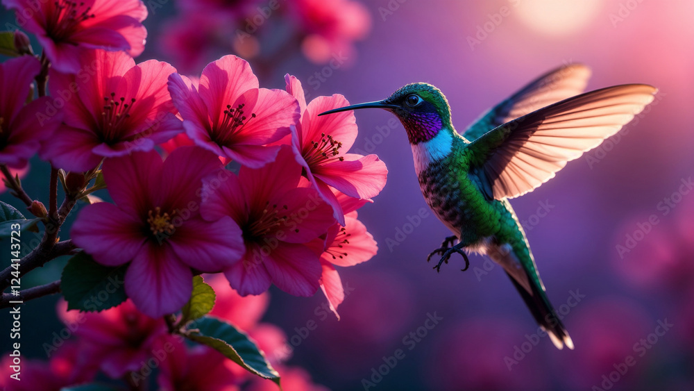 Obraz premium A hummingbird hovers near bright pink flowers