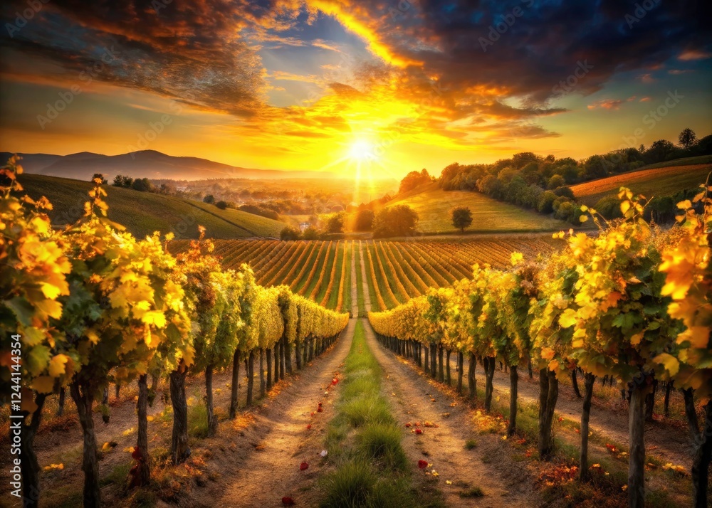 Naklejka premium Wine country sunset: bokeh-filled photography captures the vineyard's golden hour glow.