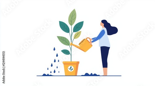 A woman watering a plant in a pot, representing growth and care.