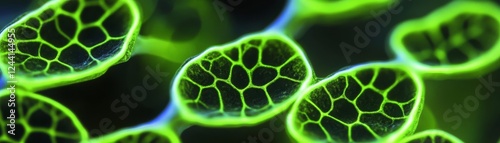 High-detail fluorescent depiction of glowing chloroplasts in neon green, dark microscopy effect photo