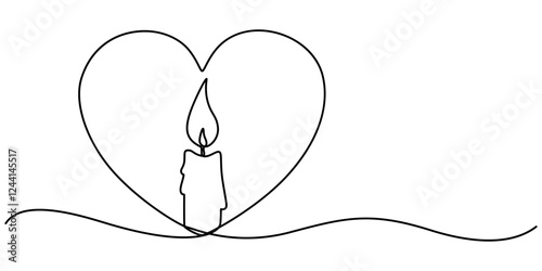 Burning fire candle with love continuous one line drawing, Continuous one line drawing candle burning flame. Black contour line simple minimalist graphic isolated vector illustration. Grief loss pro.