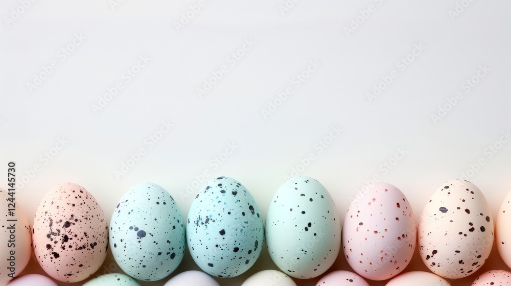 Soft pastel easter eggs arranged in a row on a white background with ample empty space Soft pastel easter eggs arranged in a row on a white background with ample empty space