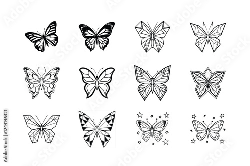 Twelve Butterfly Designs Line Art, Ink, Tattoo, Insects, Nature