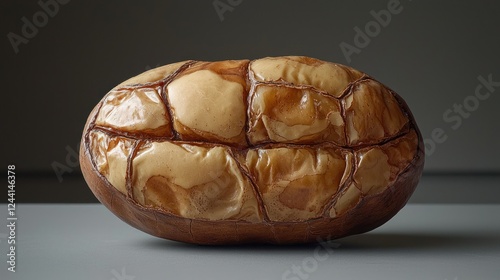 Oval, textured, seed on light table against dark background